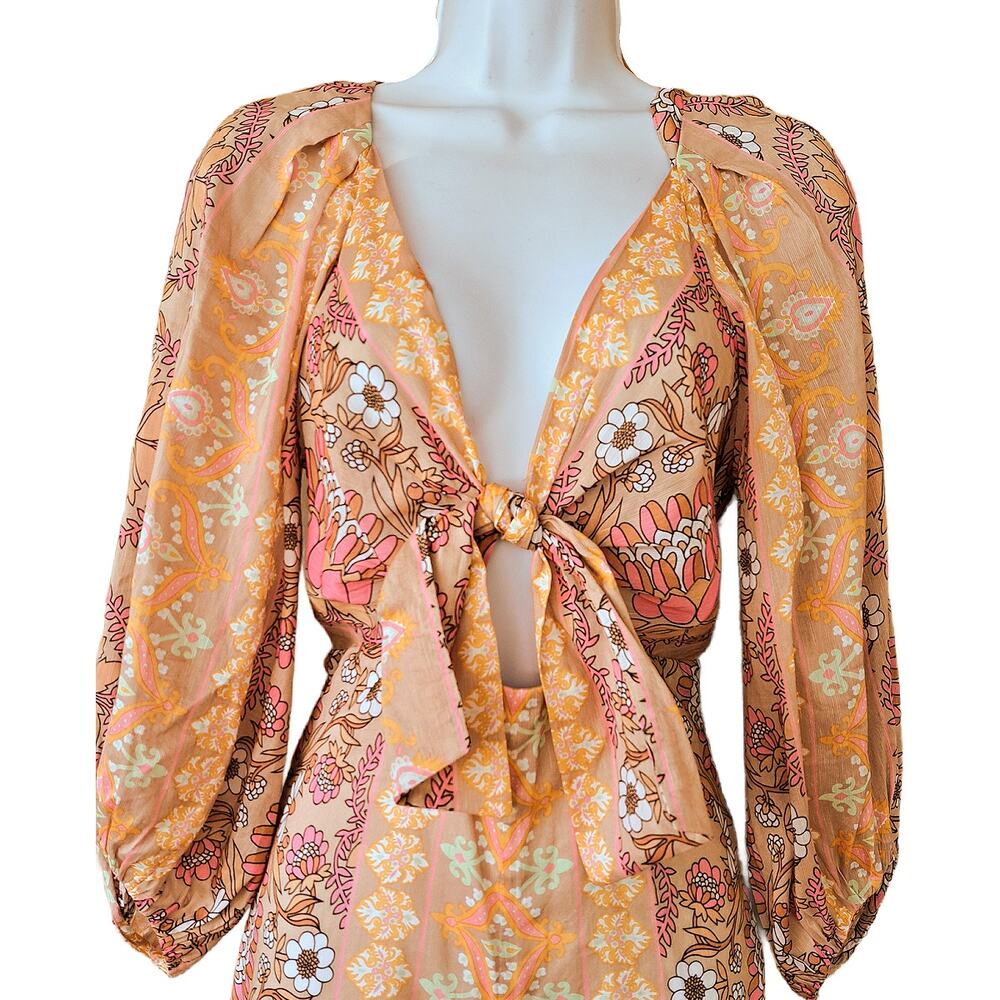 SANDRO Dieppe Printed Wide Leg Jumpsuit Size 36/4 Tan Retro Floral Cutout Plunge - Picture 5 of 11